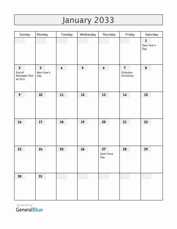 Serbia January 2033 Calendar with Holidays
