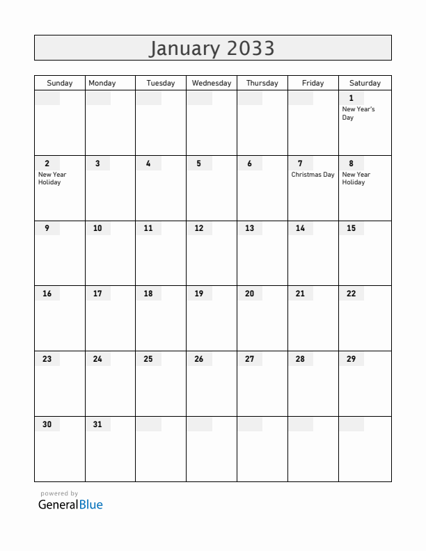 Russia January 2033 Calendar with Holidays