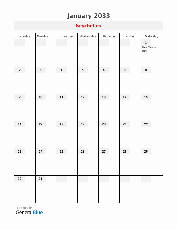Seychelles January 2033 Calendar with Holidays