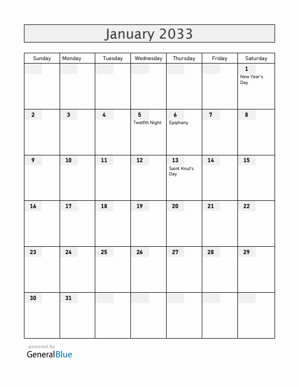 Sweden January 2033 Calendar with Holidays