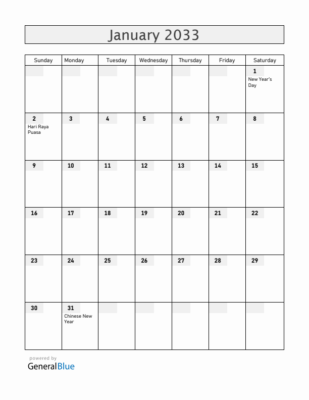 Singapore January 2033 Calendar with Holidays