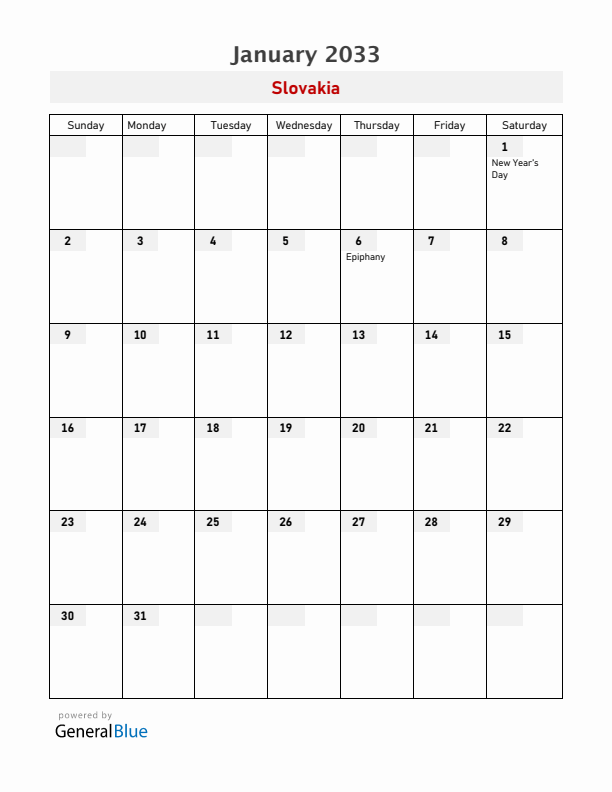 Slovakia January 2033 Calendar with Holidays