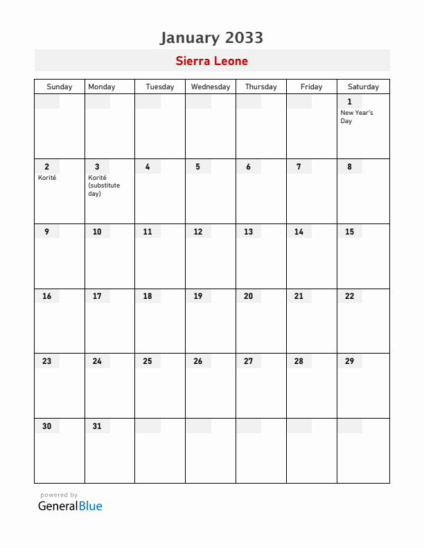 Sierra Leone January 2033 Calendar with Holidays