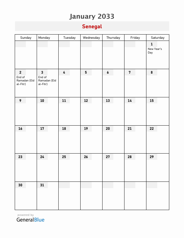 Senegal January 2033 Calendar with Holidays