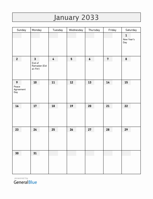 South Sudan January 2033 Calendar with Holidays