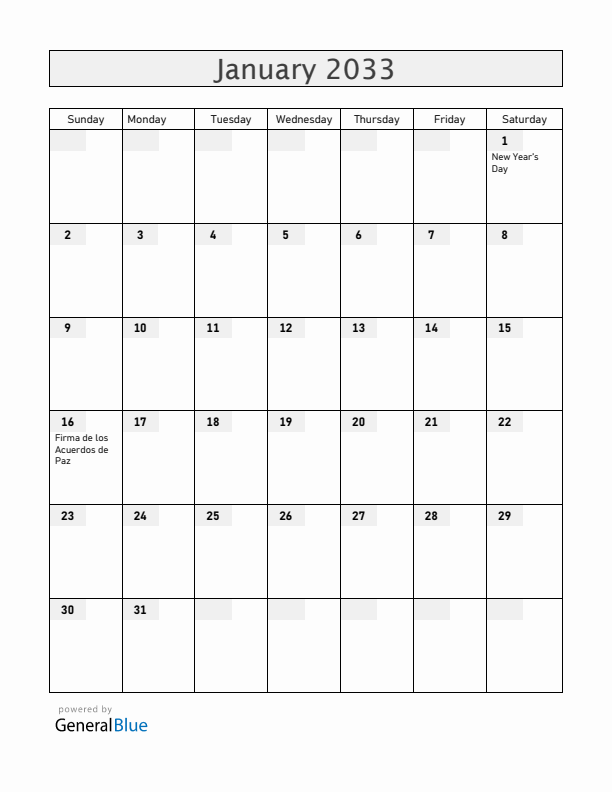 El Salvador January 2033 Calendar with Holidays
