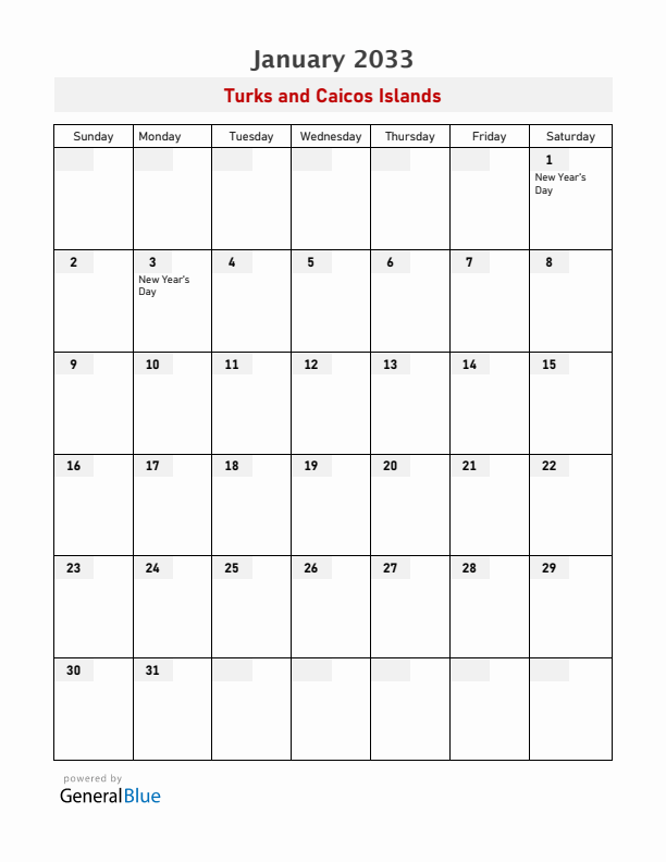 Turks and Caicos Islands January 2033 Calendar with Holidays