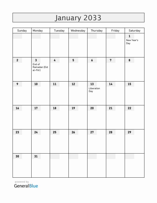 Togo January 2033 Calendar with Holidays