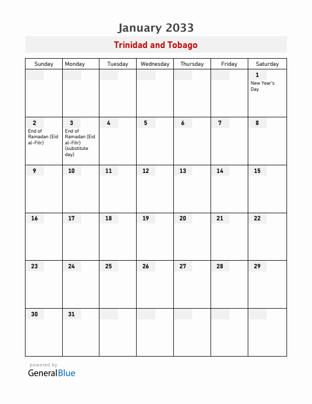 Trinidad and Tobago January 2033 Calendar with Holidays