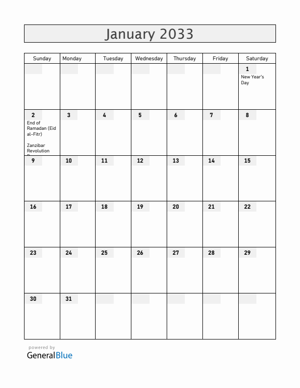Tanzania January 2033 Calendar with Holidays