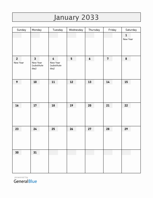 Ukraine January 2033 Calendar with Holidays