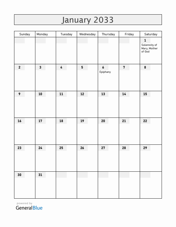 Vatican January 2033 Calendar with Holidays