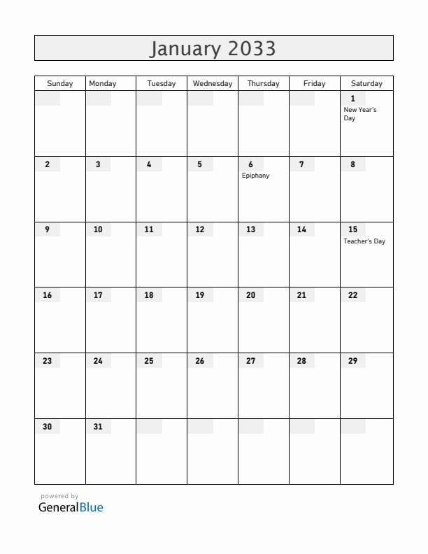 Venezuela January 2033 Calendar with Holidays