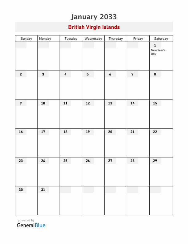 British Virgin Islands January 2033 Calendar with Holidays