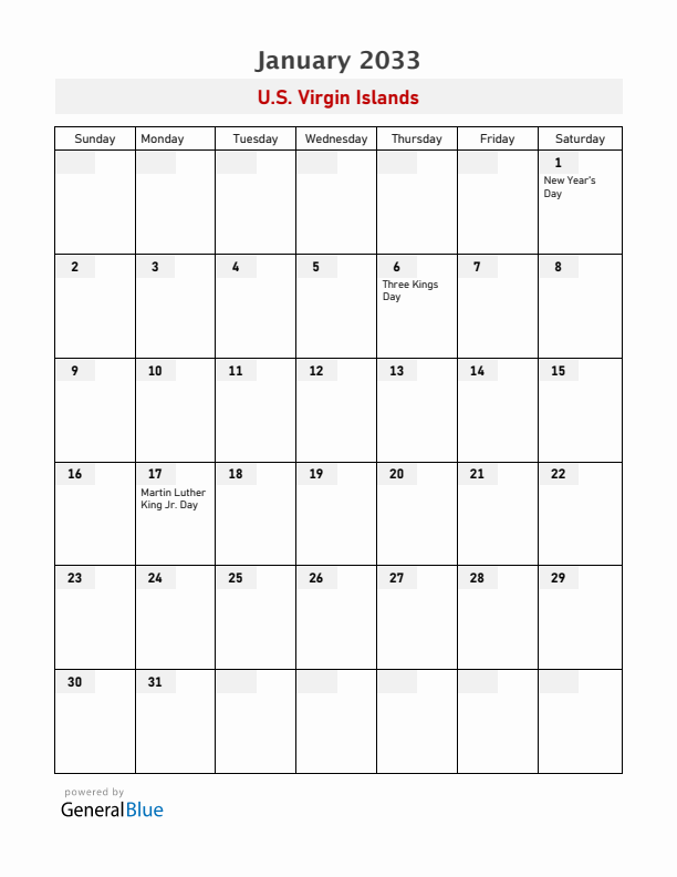 U.S. Virgin Islands January 2033 Calendar with Holidays