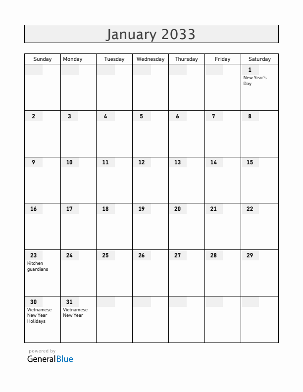 Vietnam January 2033 Calendar with Holidays