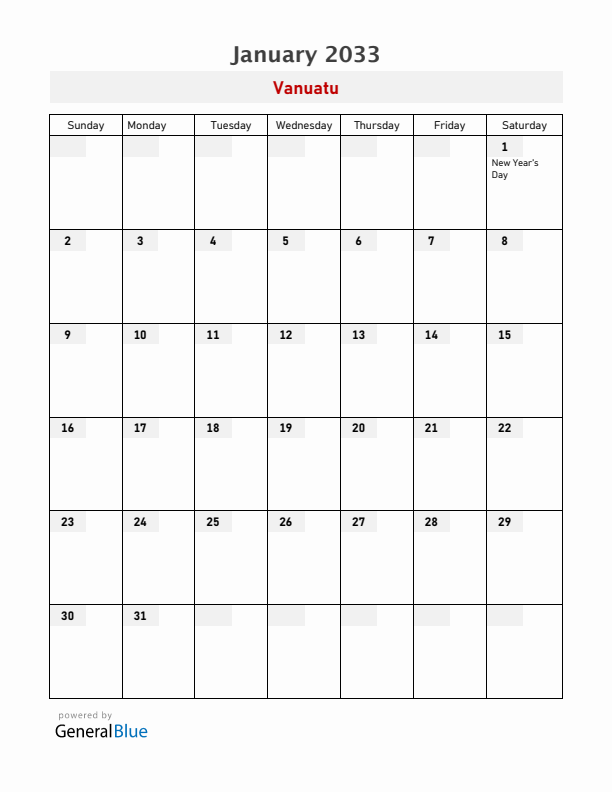 Vanuatu January 2033 Calendar with Holidays