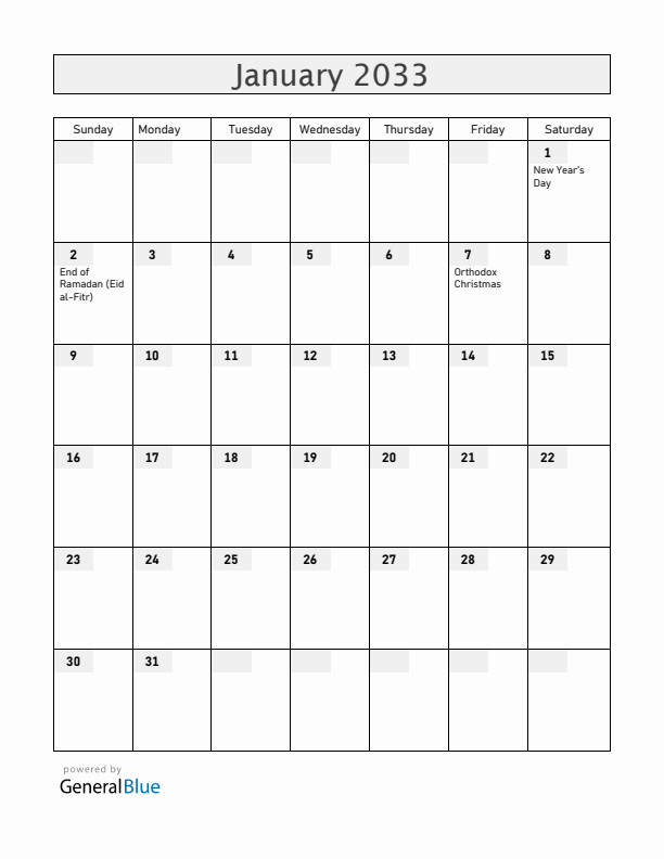 Kosovo January 2033 Calendar with Holidays
