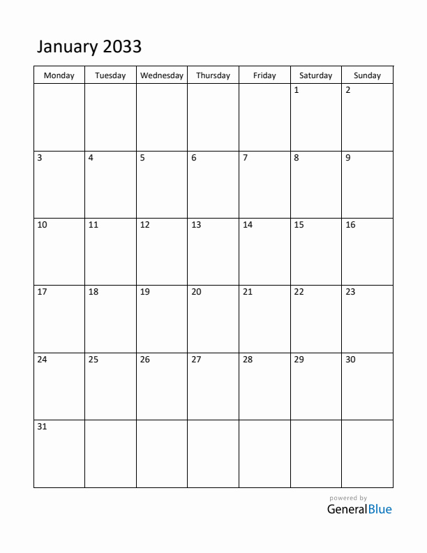 Monday Start Calendar for January 2033