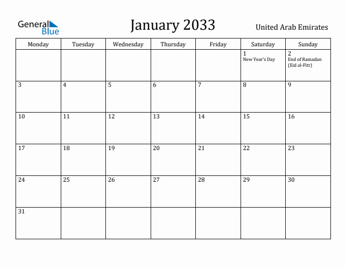 January 2033 Calendar United Arab Emirates