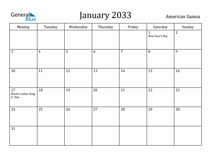 January 2033 Calendar American Samoa