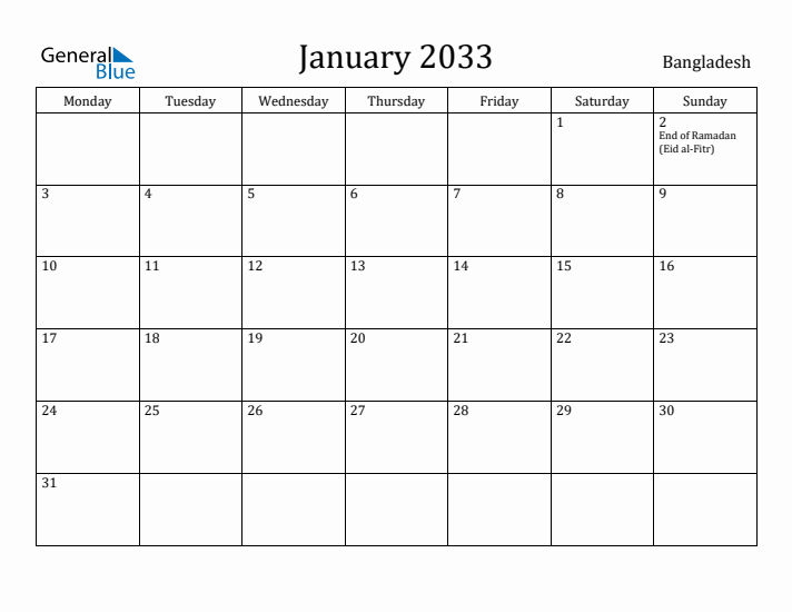 January 2033 Calendar Bangladesh