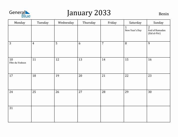 January 2033 Calendar Benin