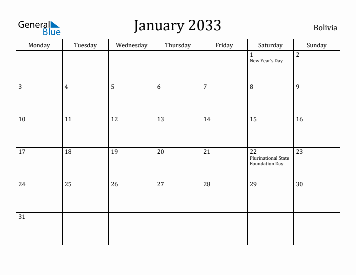 January 2033 Calendar Bolivia
