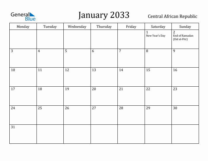 January 2033 Calendar Central African Republic