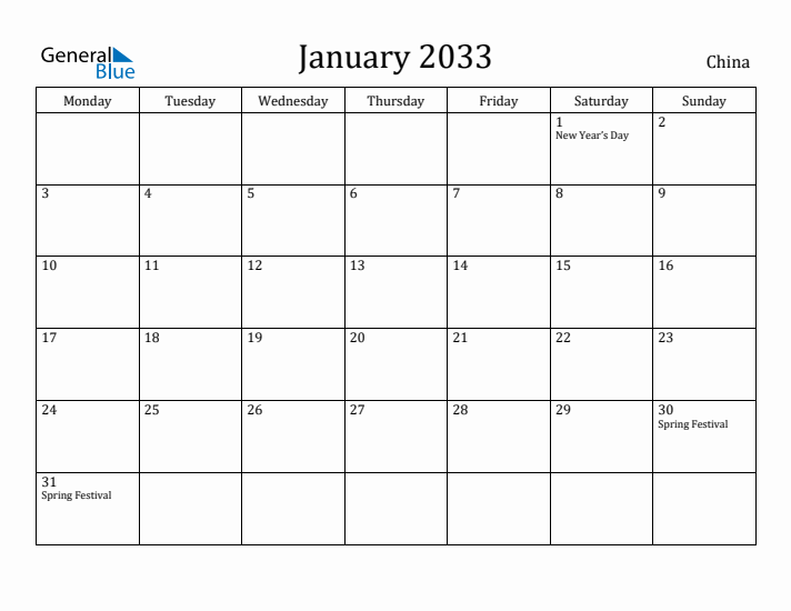 January 2033 Calendar China