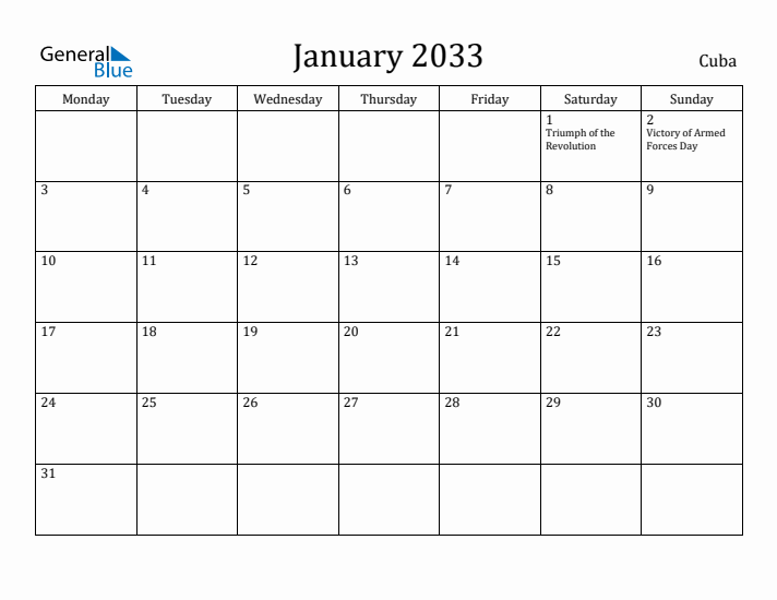 January 2033 Calendar Cuba