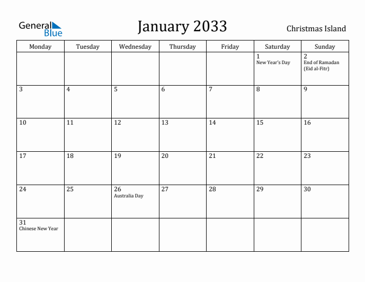January 2033 Calendar Christmas Island