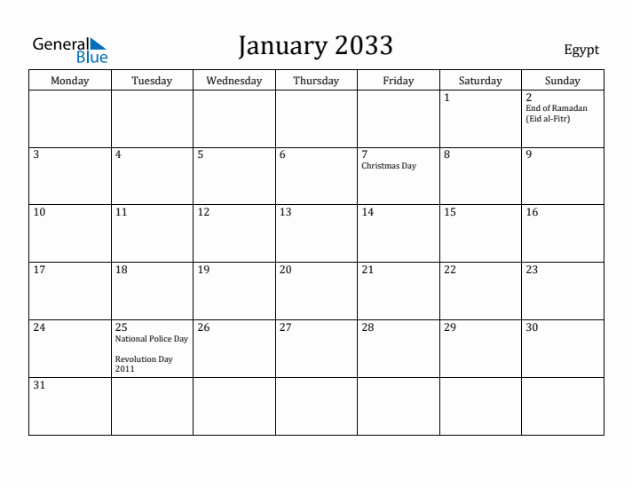 January 2033 Calendar Egypt