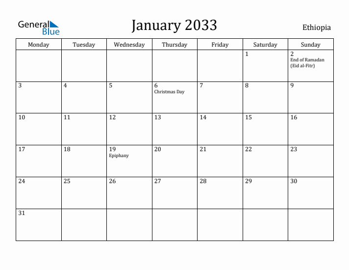 January 2033 Calendar Ethiopia