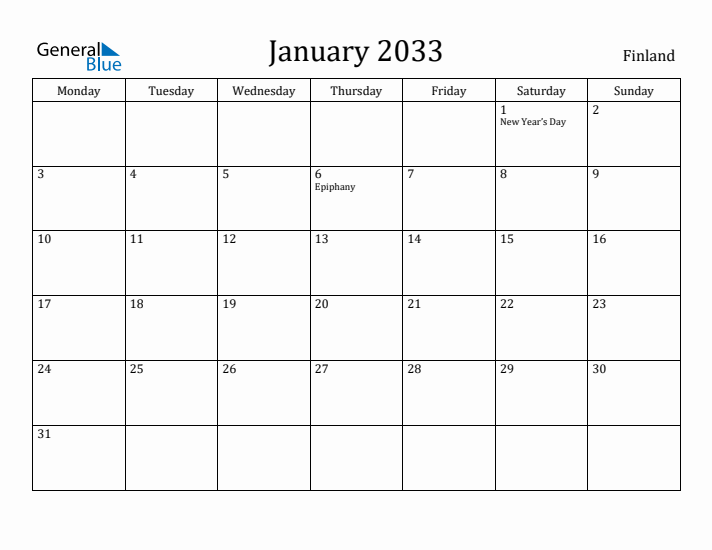 January 2033 Calendar Finland