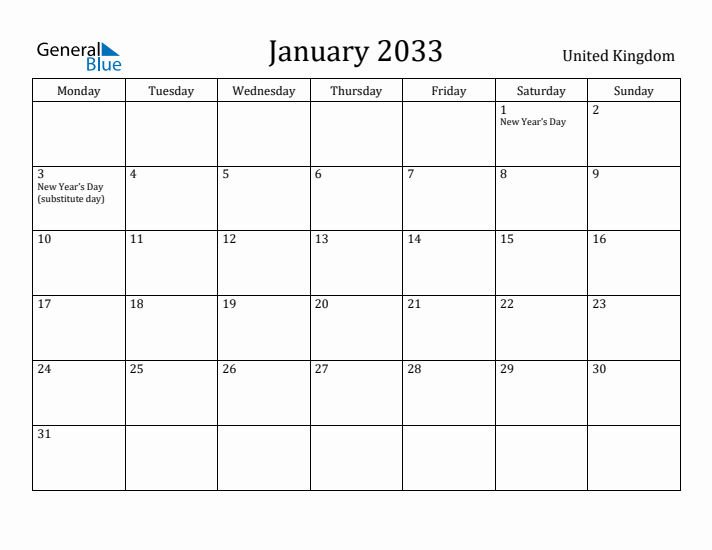 January 2033 Calendar United Kingdom