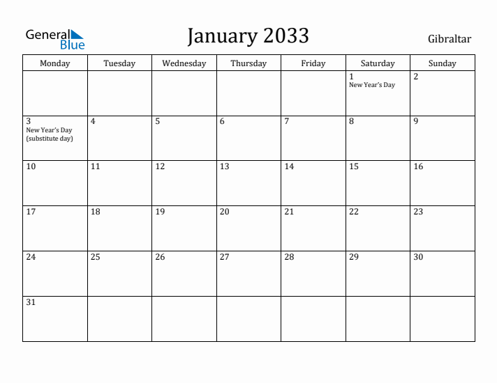 January 2033 Calendar Gibraltar