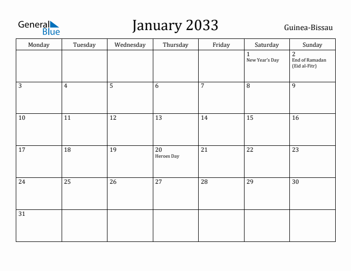 January 2033 Calendar Guinea-Bissau