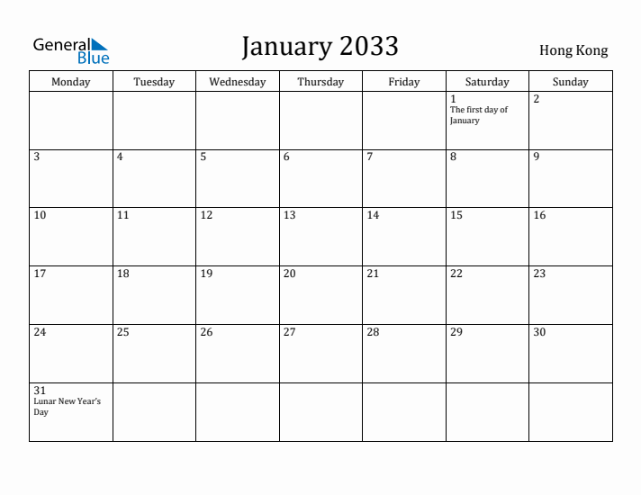 January 2033 Calendar Hong Kong