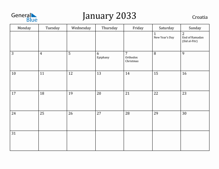 January 2033 Calendar Croatia