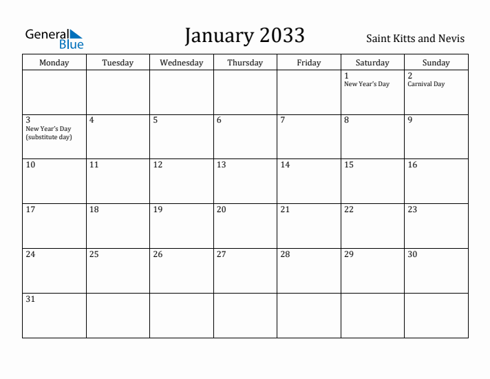 January 2033 Calendar Saint Kitts and Nevis
