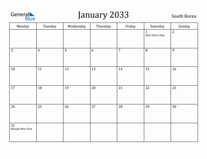 January 2033 Calendar South Korea