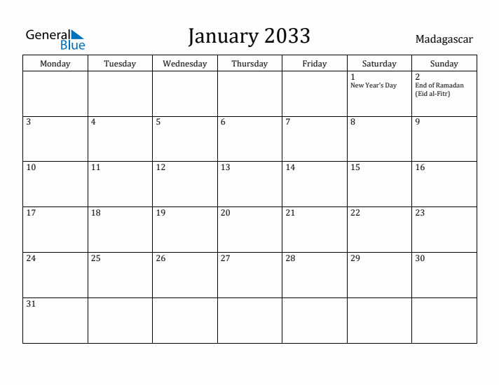 January 2033 Calendar Madagascar