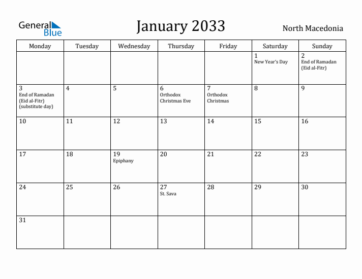 January 2033 Calendar North Macedonia