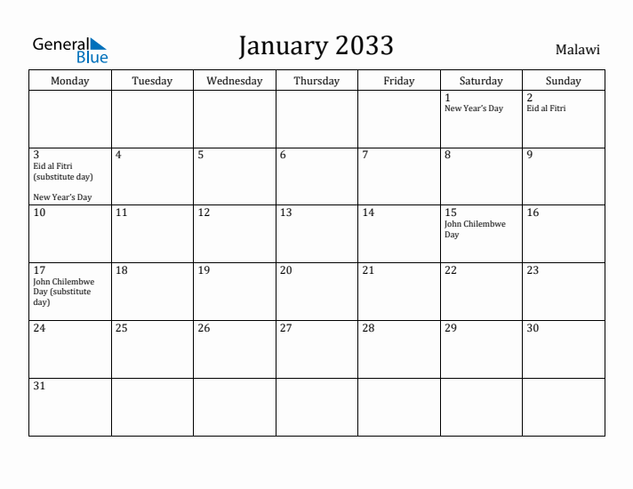 January 2033 Calendar Malawi