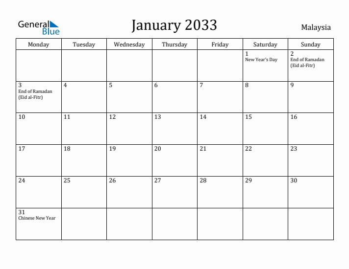 January 2033 Calendar Malaysia