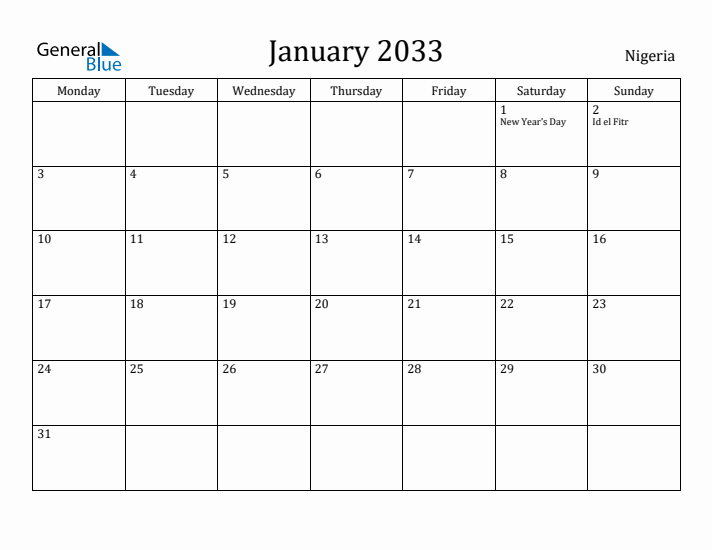 January 2033 Calendar Nigeria