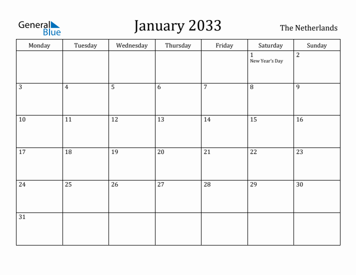 January 2033 Calendar The Netherlands