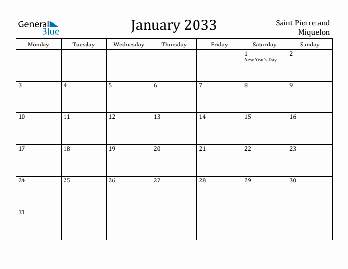 January 2033 Calendar Saint Pierre and Miquelon