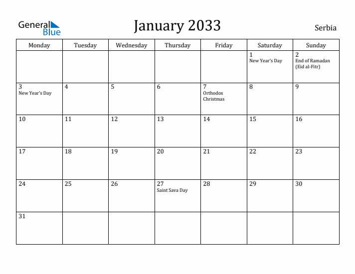 January 2033 Calendar Serbia
